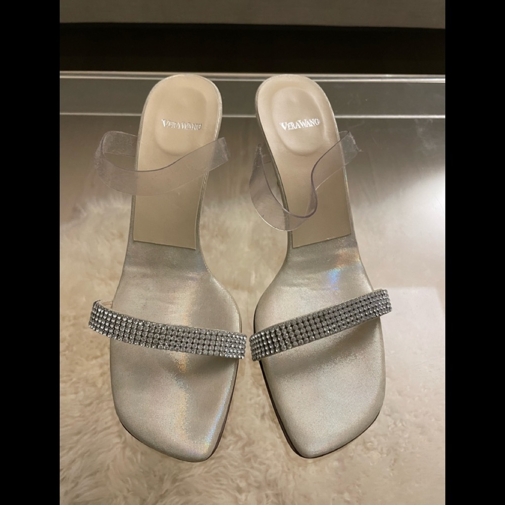 Vera Wang crystal embellished silver sandals with two straps. - Picture 2 of 4